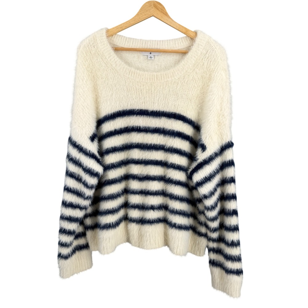 La Ligne x Target Striped Eyelash Knit Sweater XL Cream Blue Fuzzy Nautical